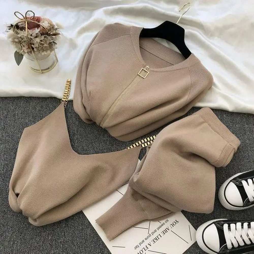 womens zipper knitted open fleece sweaterpants setvest womens fashion jumper