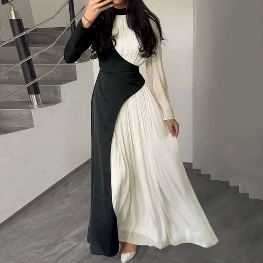 womenselegant patchwork spring half high neck long sleeve ae maxi