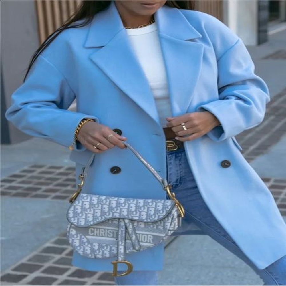 wool autumn coat womens blue long sleeved fashionable casual womens