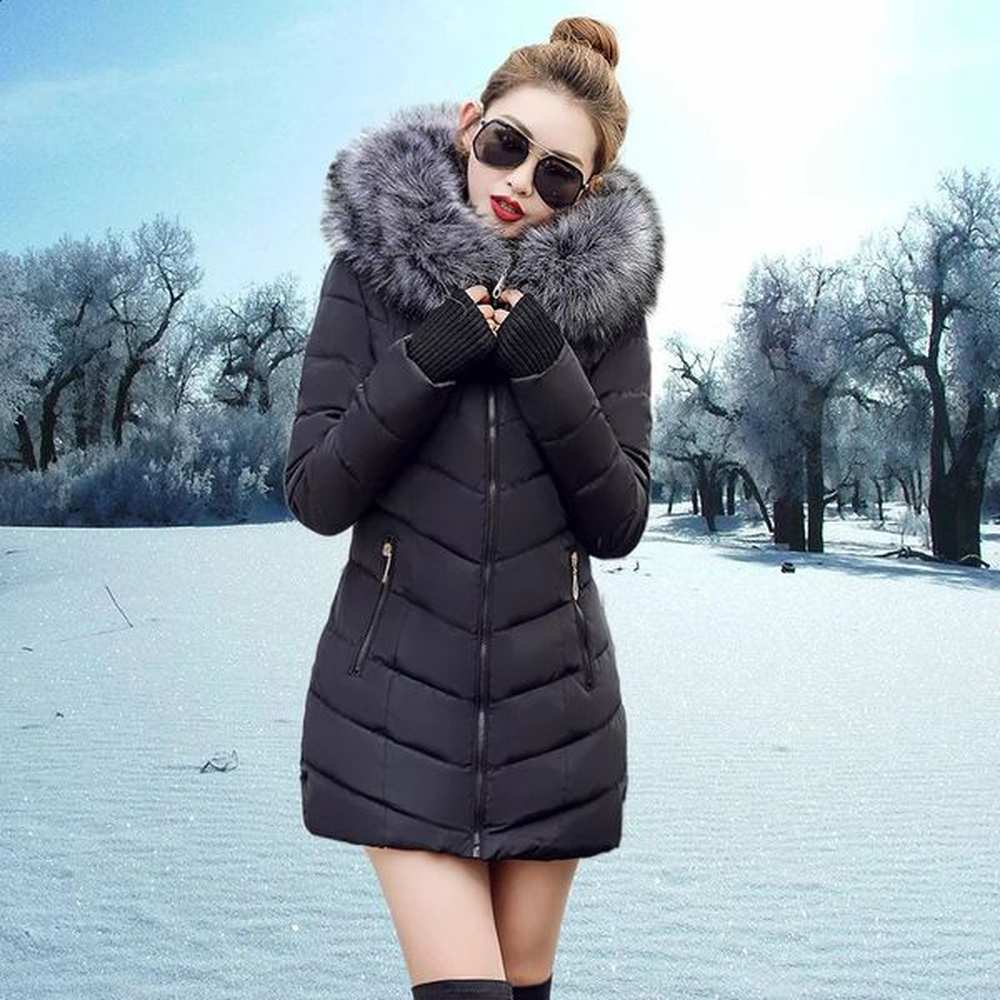wool collar hooded winter jacket parkas thick warm cotton cushion