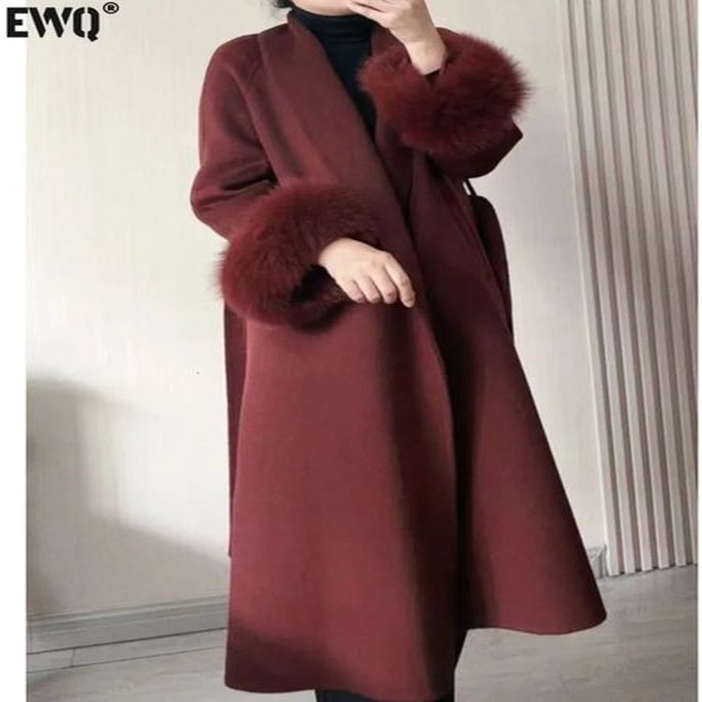 wool long coat womens fur patchwork sleeves doublesided cashmere coat