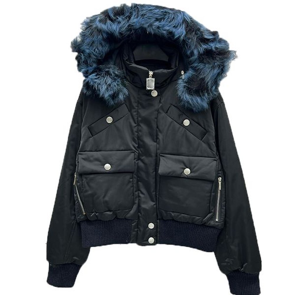 wool neck down outerwear silver button cardigan jackets detachable hat
