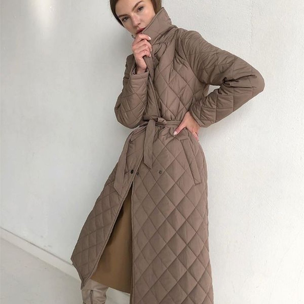 wotwoy argyle belted long parkas women cottonpadded thick winter jacket