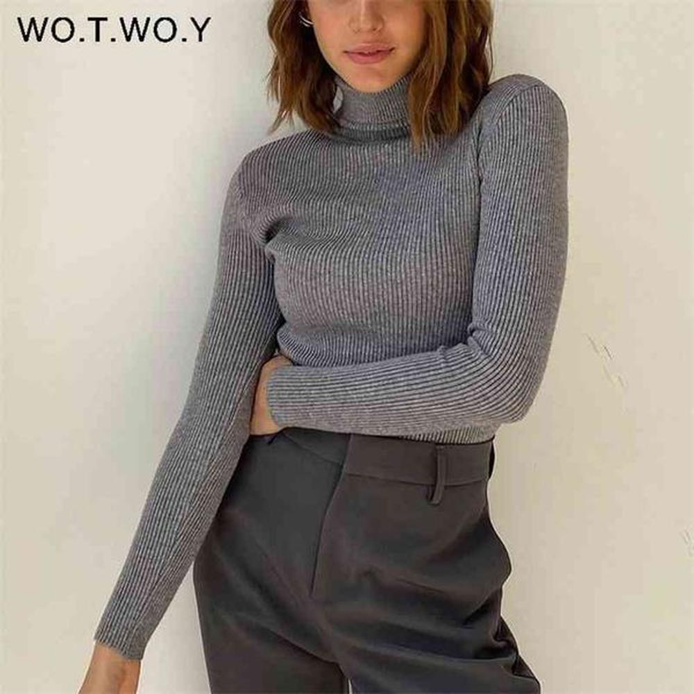 wotwoy ribbed knitted turtleneck sweater women autumn winter slim fit