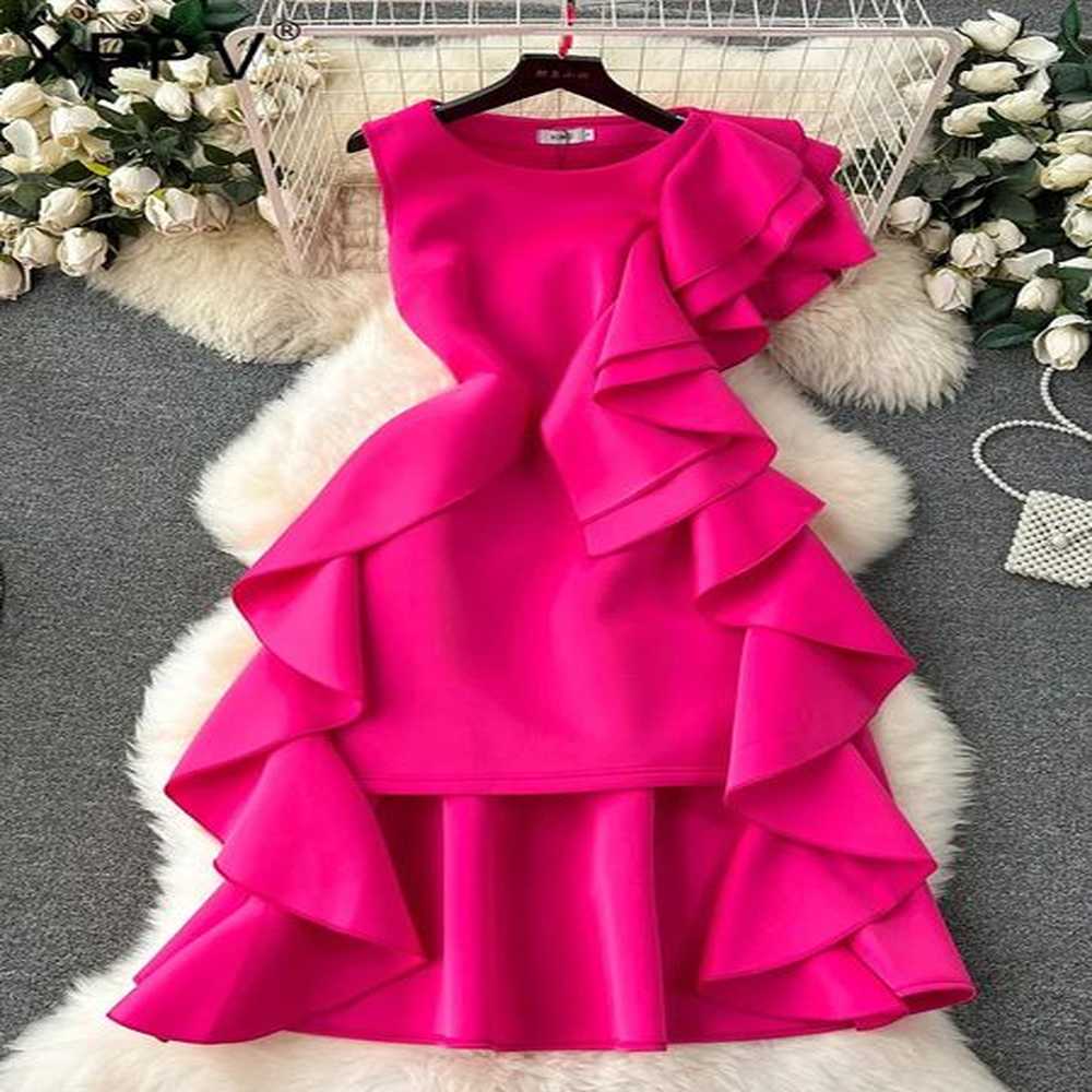 xfpv womens sleeveless rose red ruffle edge high end slim