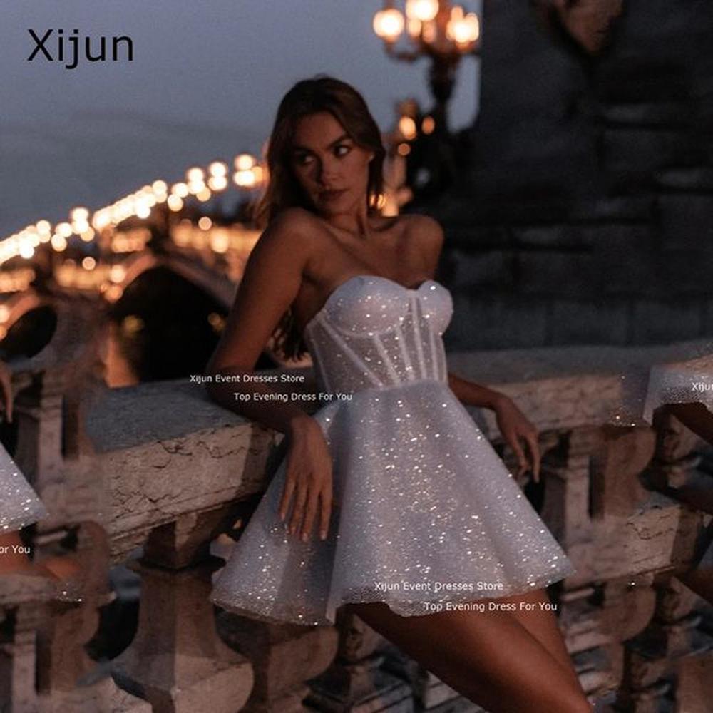 xijun glitter wedding dresses sweetheart sleeveless prom tulle short mini