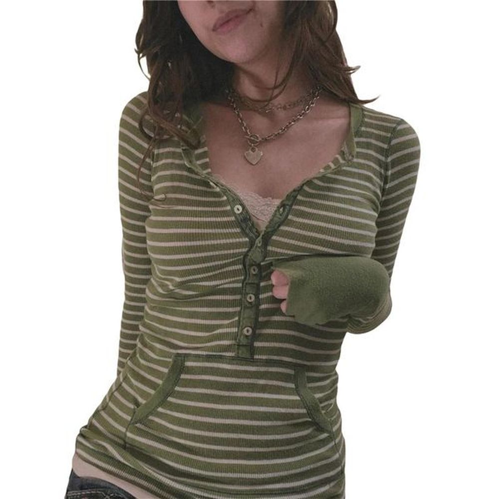 xingqing stripe womens tshirt button vneck long sleeved top pocket