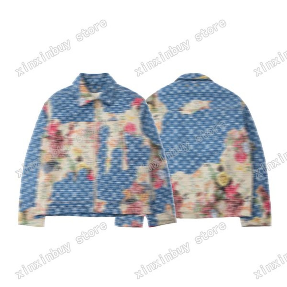 xinxinbuy Men Designer coat Jacket Flower denim Panelled Women paris cotton Wash water Lapel Neck black blue S-XL