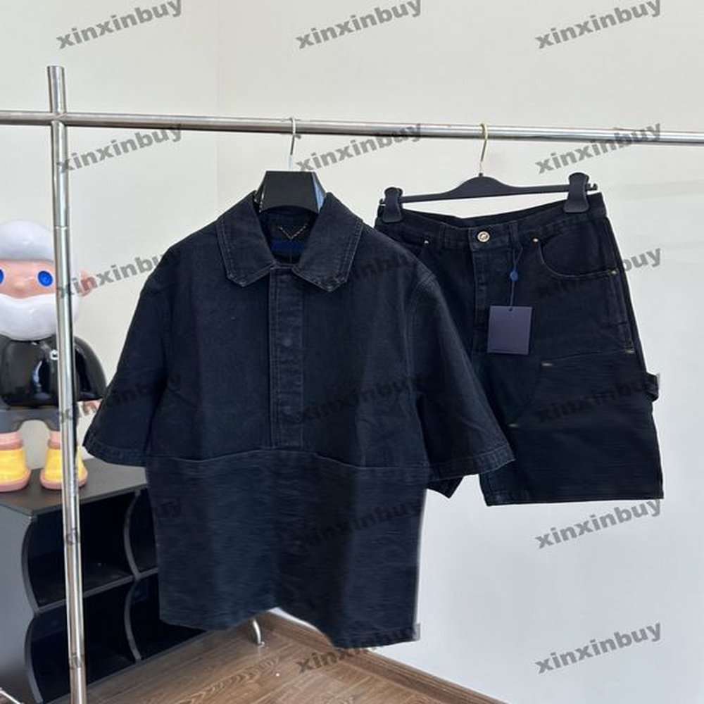 xinxinbuy Men designer Tee t shirt 2024 Italy emboss letter jacquard fabric denim sets short sleeve cotton women gray blue black apricot M-2