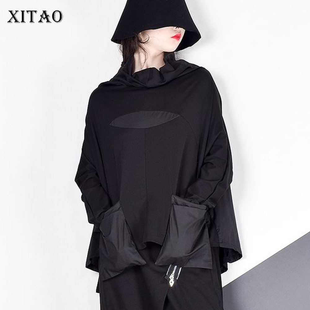 xitao harajuku patchwork pocket t shirt women stand collar plus