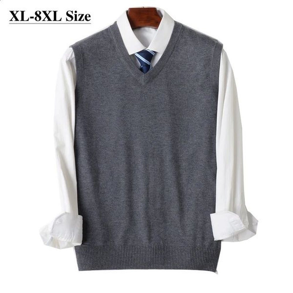 8XL 7XL 6XL Knit Vest Mens Loose V-neck Sleeveless Sweater Solid Color Business Casual Autumn Winter Pullover All-Match Clothes 241228