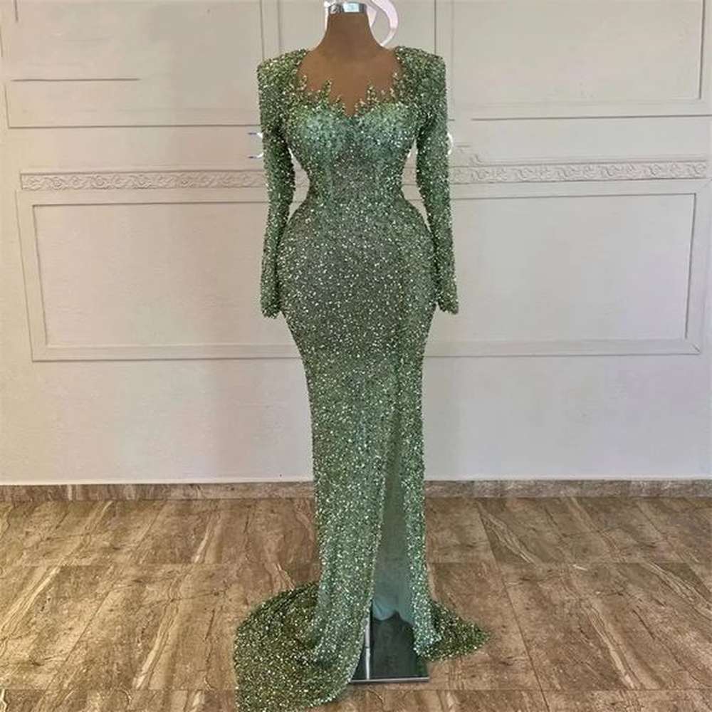 y sequined evening dresses mermaid beads long sleeve women green