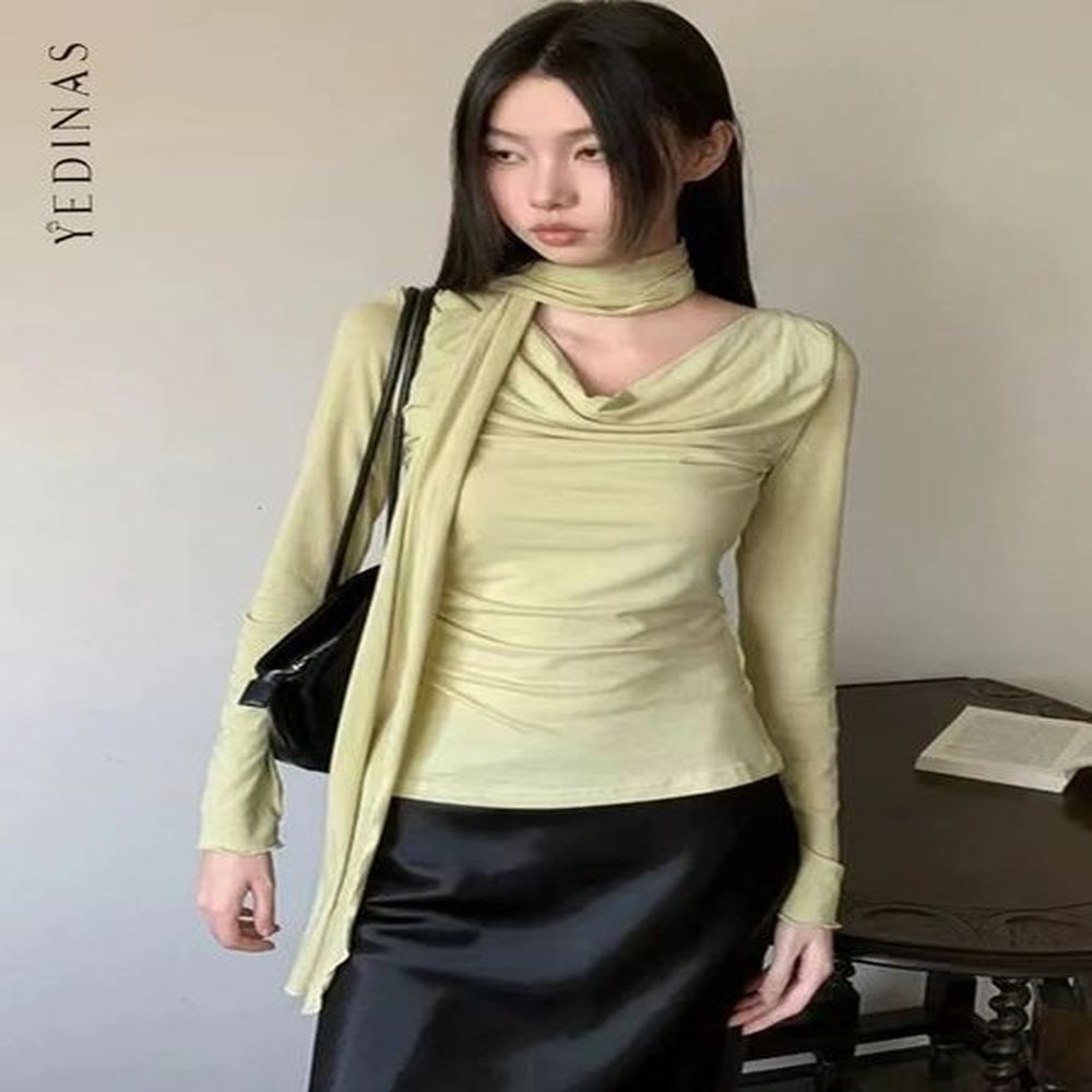 yedinas fairycore halter tshirt womens long sleeve korean fashion solid