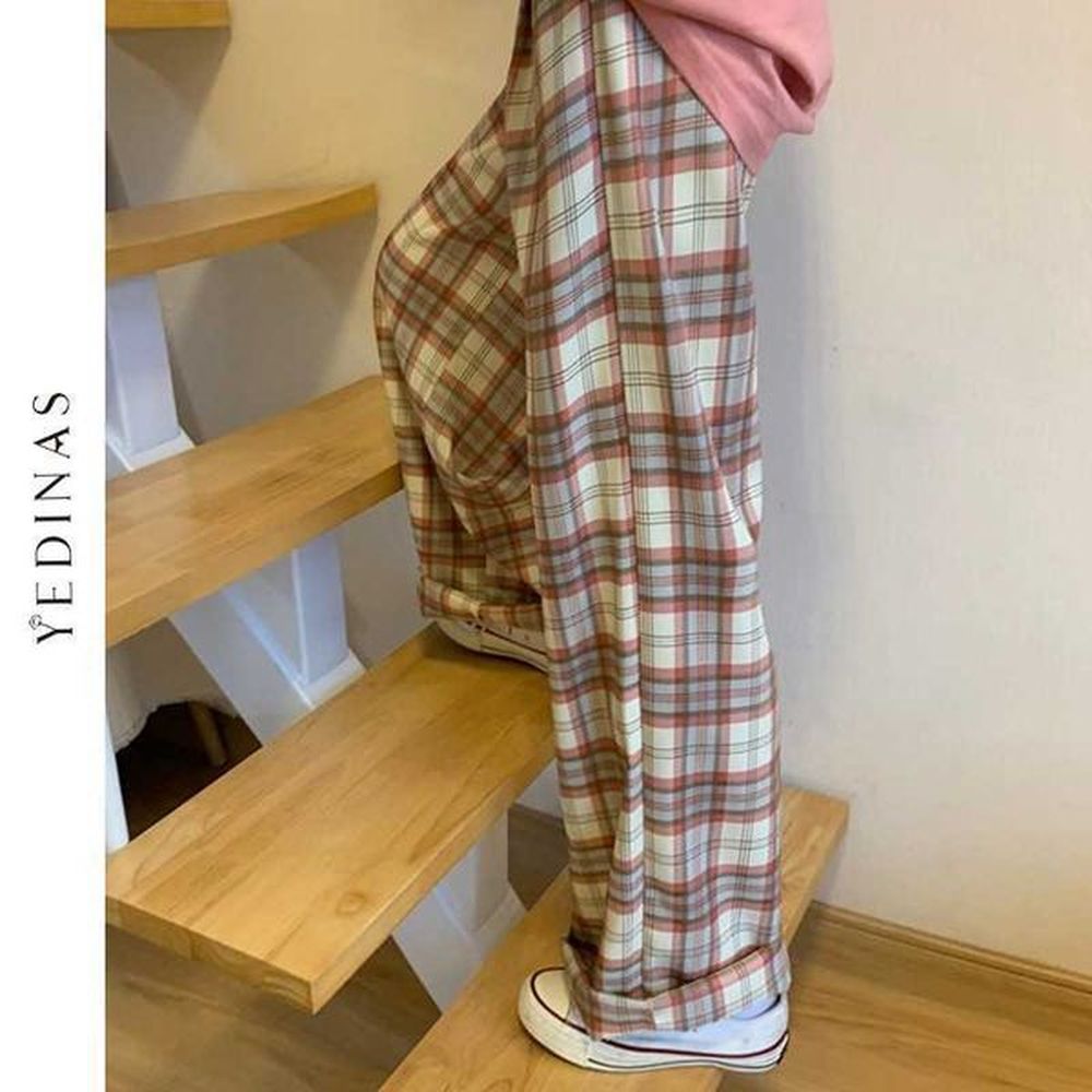 yedinas korean style plaid pants women spring autumn wide leg