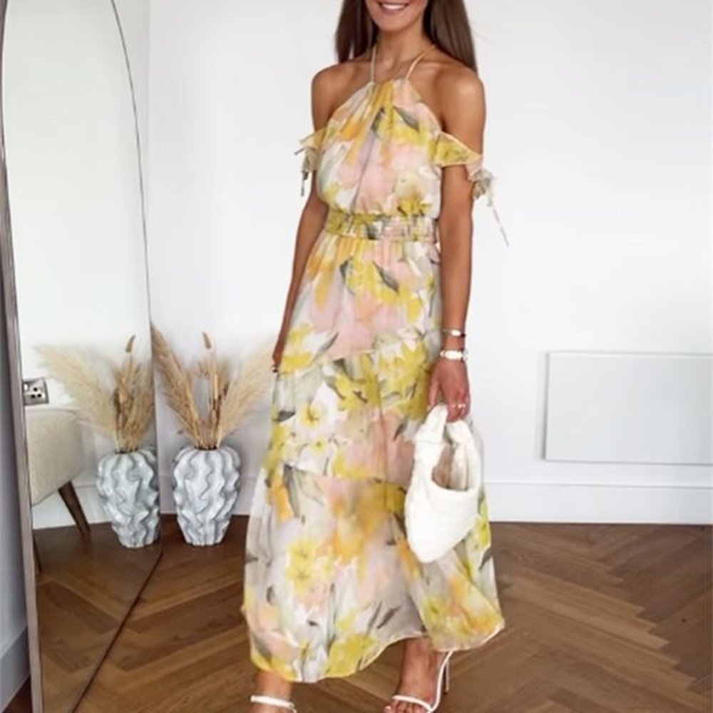 yellow floral print halter chiffon ruffles dress elegant cold shoulder