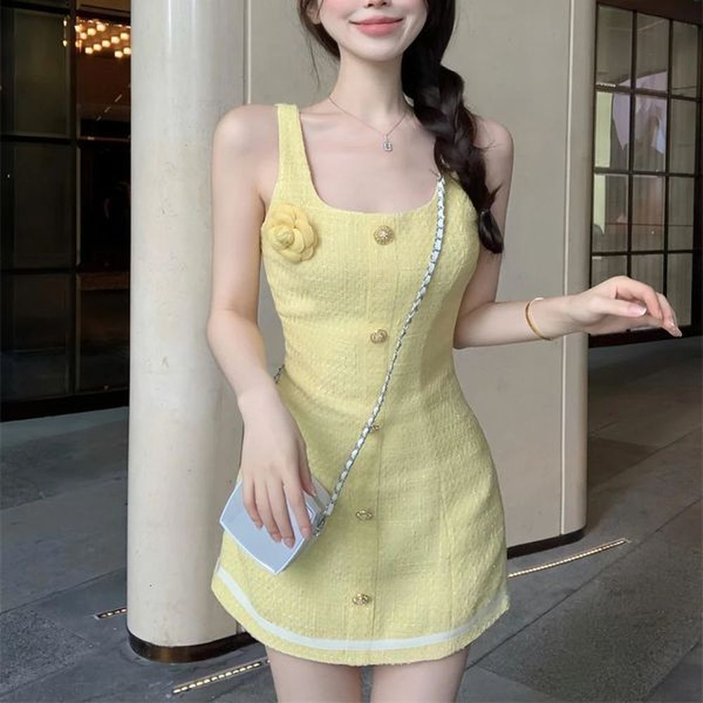 yellow korean fashion tweed dress women sexy tank vest mini