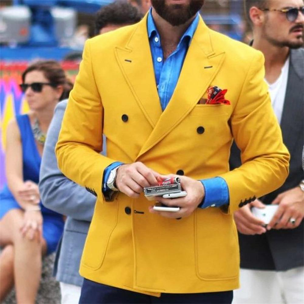 Yellow Slim Fit Mens Blazer With Double Breasted Italian Fashion Style Tops Suit Jacket For Singer Prom Stage Coat Male Costume 220310