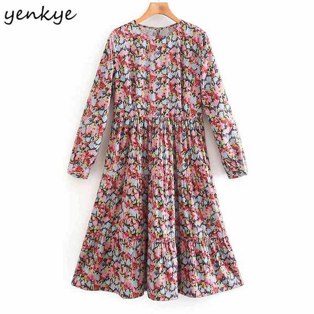 yenkye multicolor floral print dress women o neck long sleeve