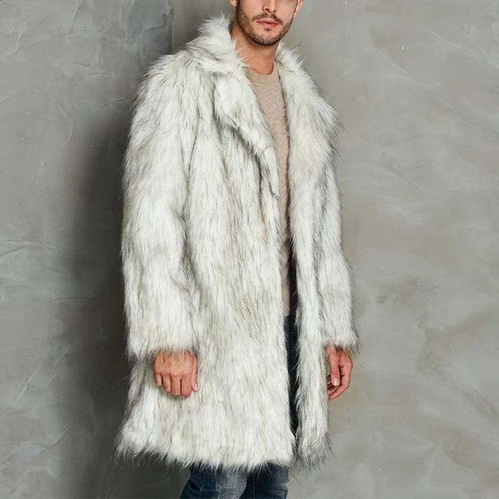 YILEEGOO Men Winter Faux Fur Coat Long Sleeve Lapel Collar Open Front Fluffy Jacket Outwear 241202