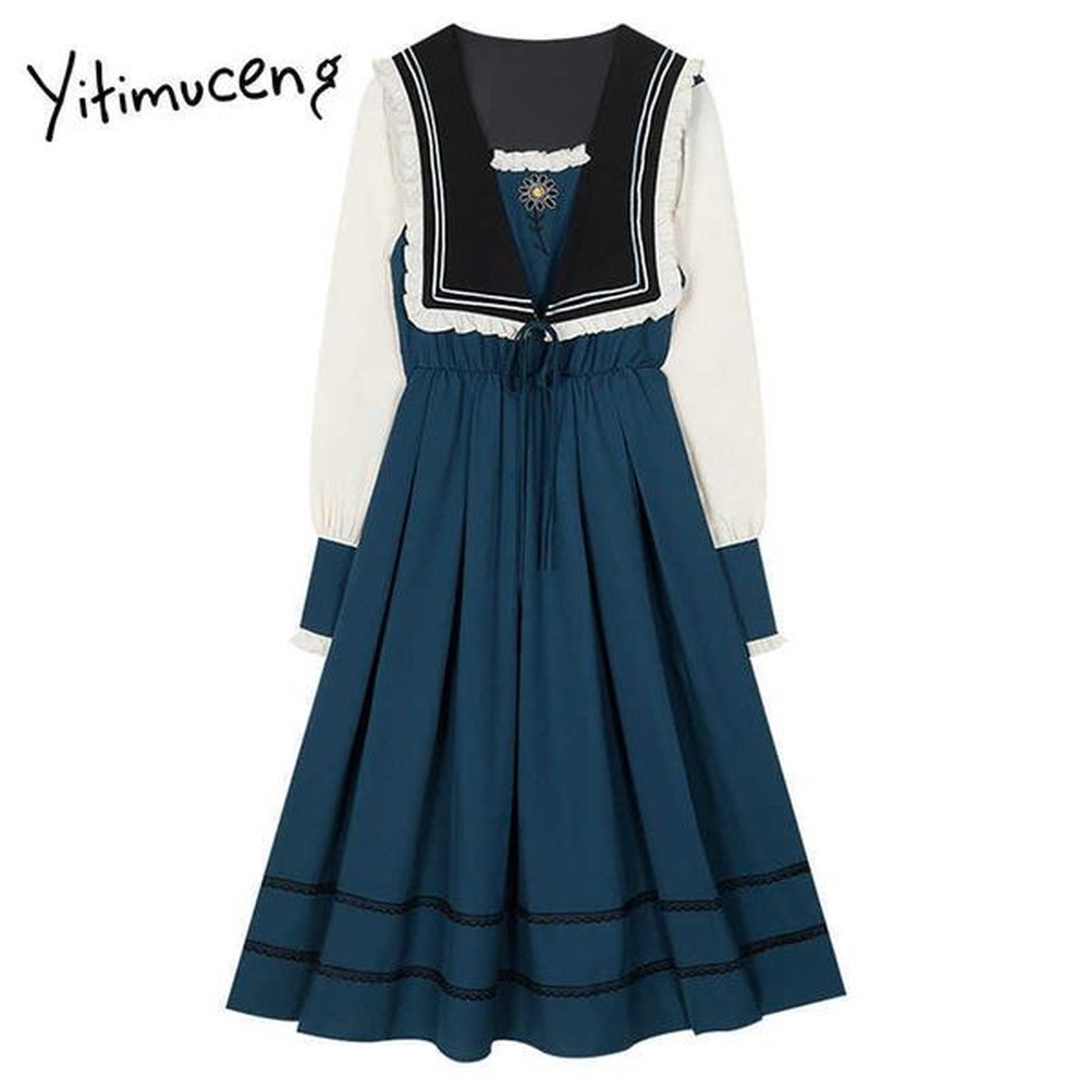 yitimuceng dresses patchwork spring button zipper sailor collar long sleeve