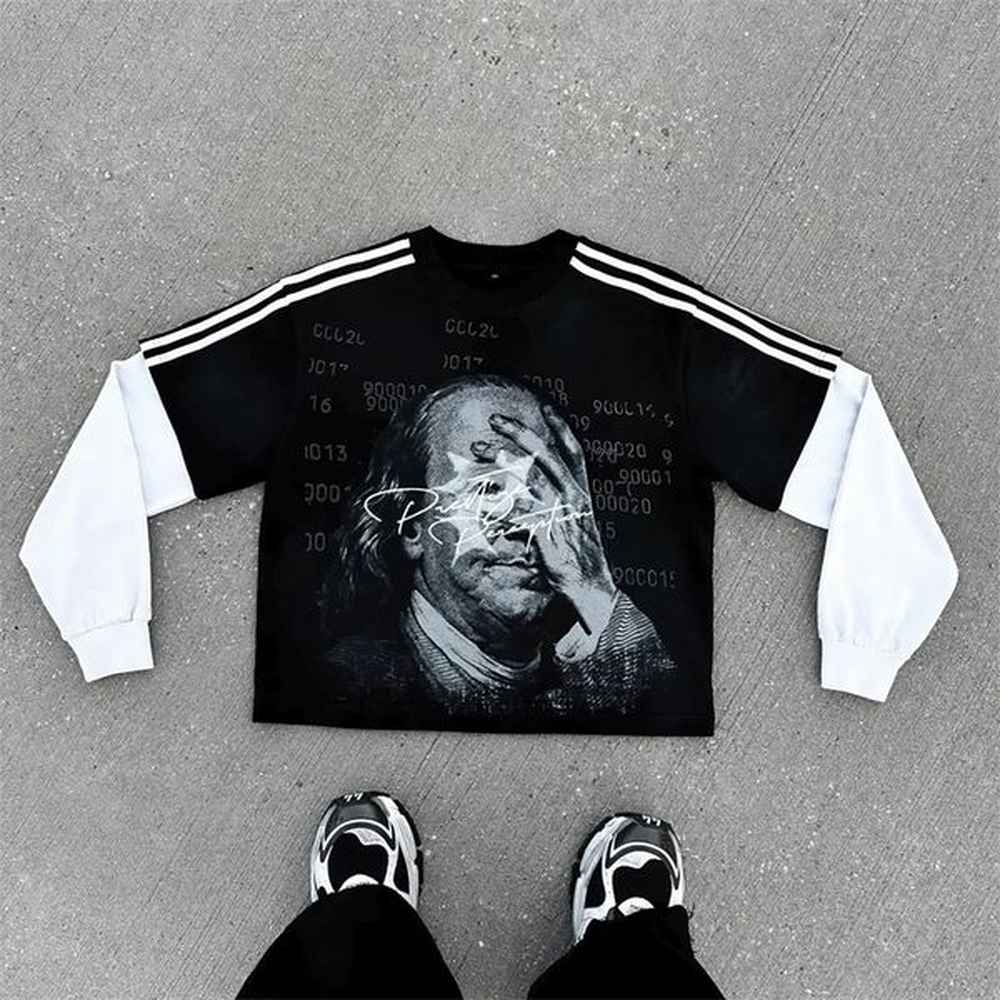 Y2K Fashion Long sleeves T Shirt American street Retro Print Loose Sweatshirt Men Women Pure Cotton Round Neck T Shirt Tops 250208
