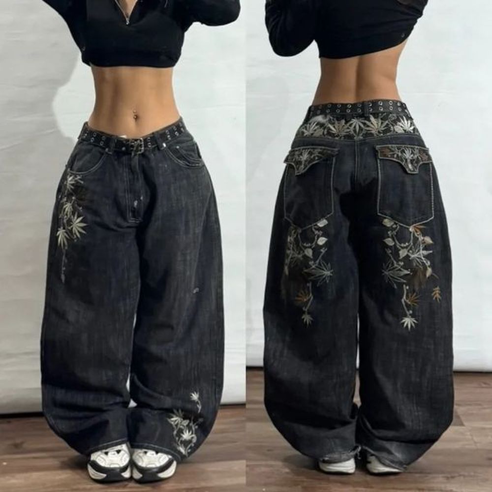yk fashion oversized flower embroidered baggy jean street vintage hip