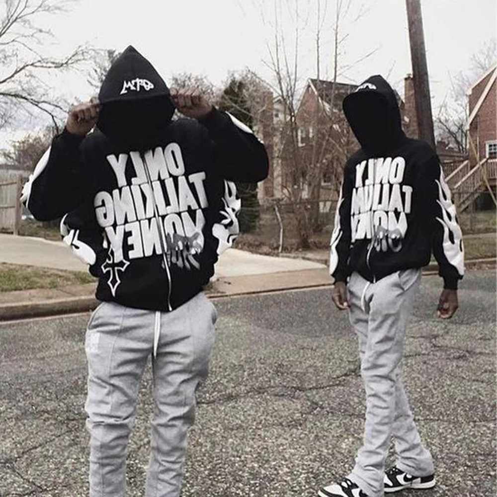 Y2K Flame Letters High Street HipHop Campus Loose Zipper Hoodie Men Gothic Harajuku Casual Oversized Sweatshirt Unisex 241016
