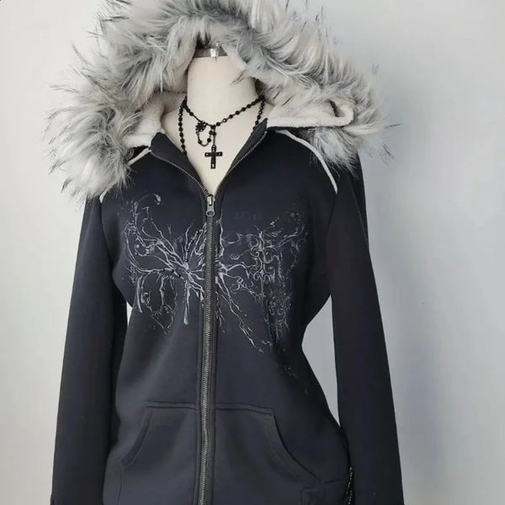 yk gothic diamond printed fur collar zip hoodie women retro