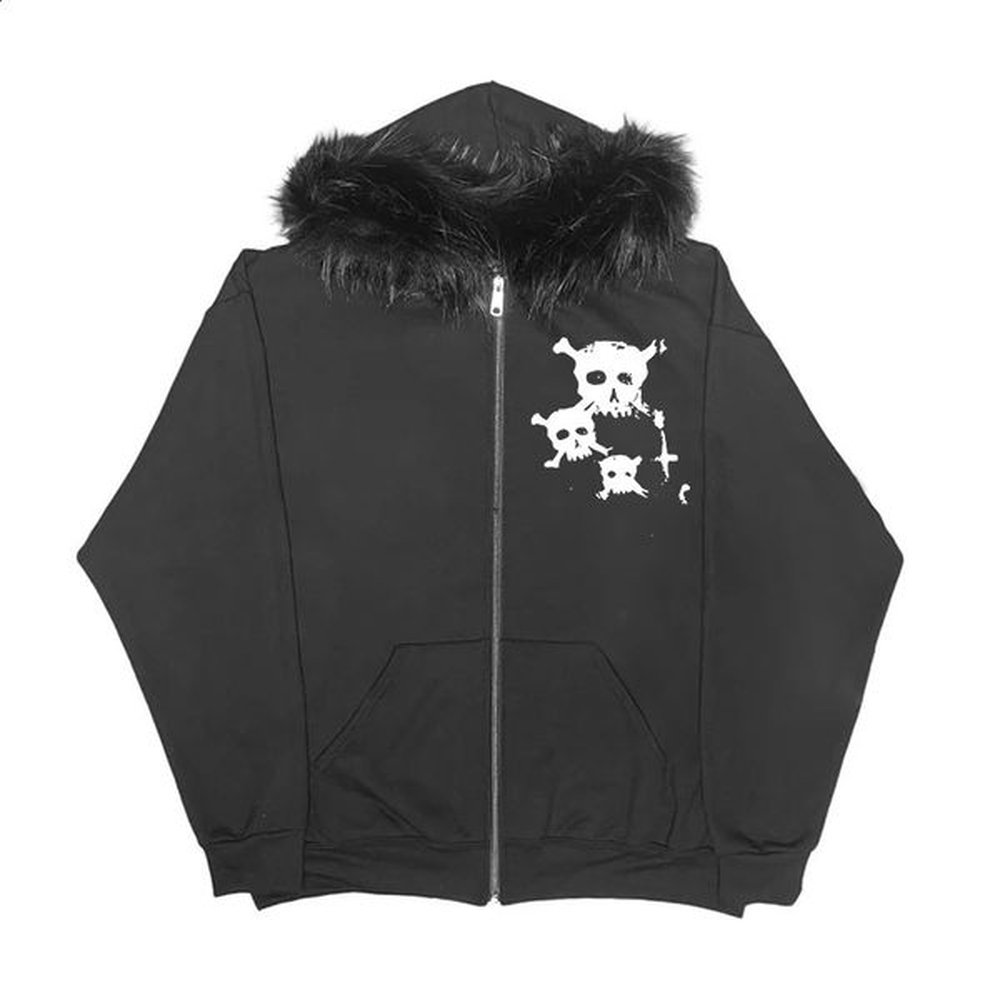 Y2K Harajuku Retro Aesthetics Womens Men Fur Collar Cardigan Sweatshirt Goth Punk Rock Hip Hop Aesthetic Hoodie Print Streetwear 241227