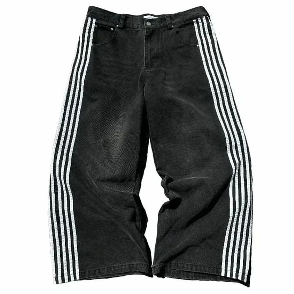 Y2k Harajuku Street Distressed Striped Black Jean Korean Fashion Casual Straight Pants Classic Simple Loose Denim 241024