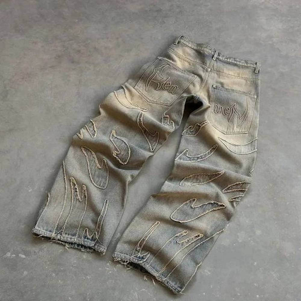 Y2k Jeans Harajuku Flame Embroidered Hip Hop Street Leisure Denim Pants Men Clothing High Waist Straight Leg Wide 240809