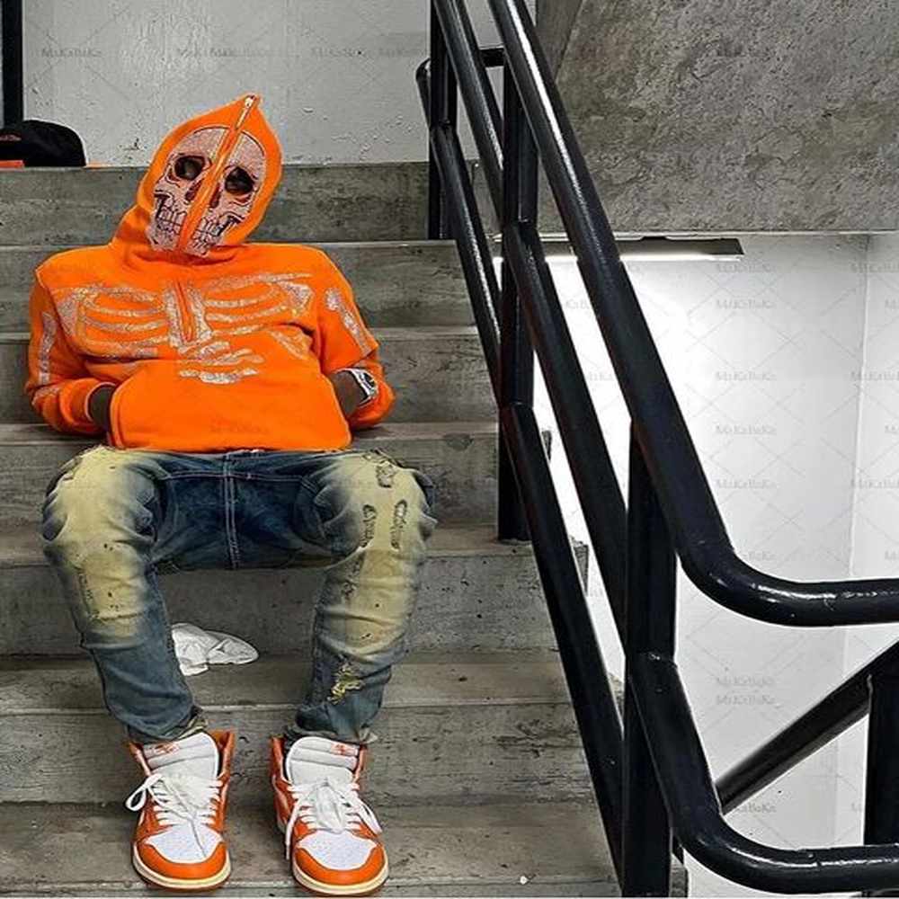 Y2k Man Clothing Rhinestone Skeleton full zip Oversized Sweatshirts Goth Zip Up Hoodies Grunge Hooded Jacket Streetwear 250118