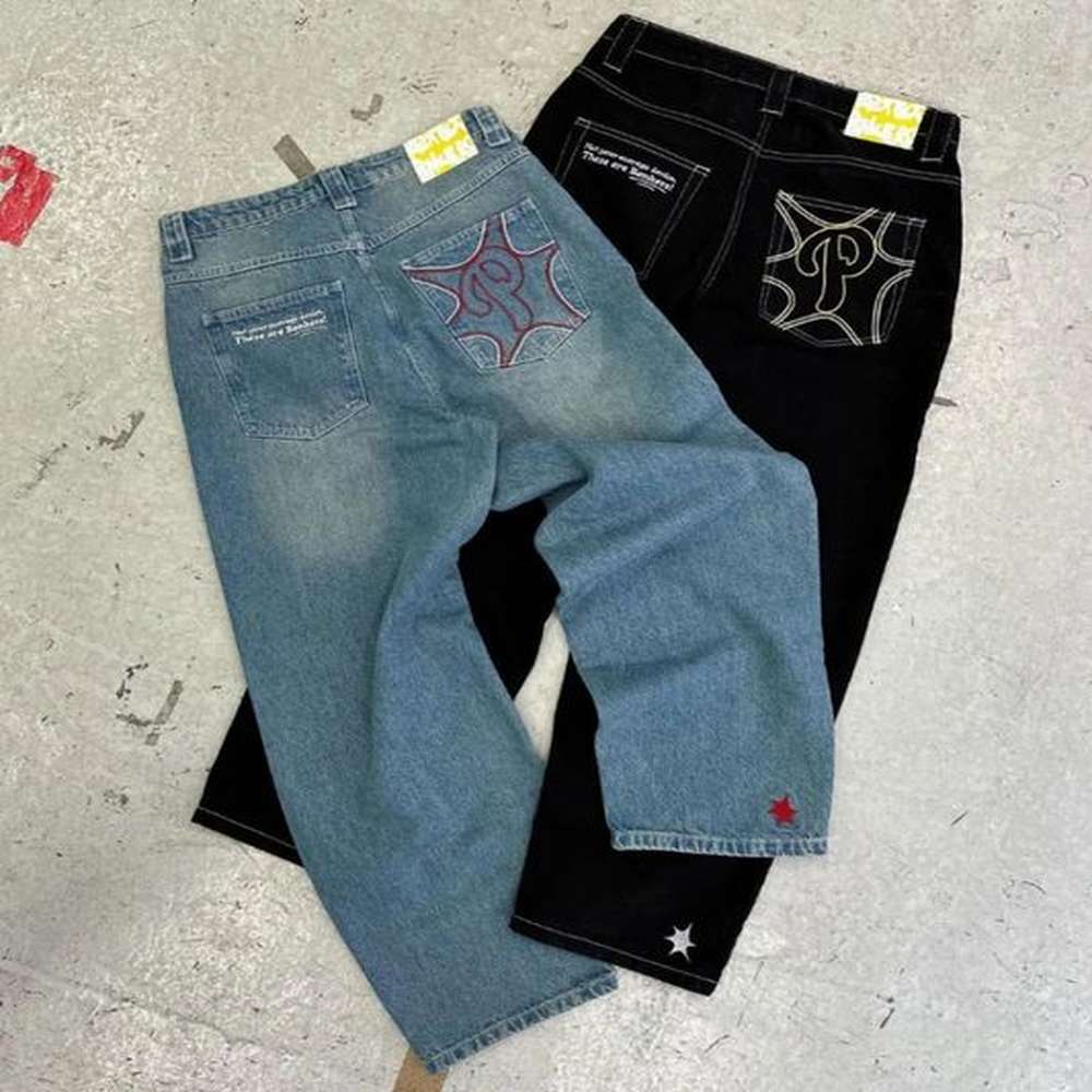 Y2k Men Retro Harajuku Clothing 2023 Baggy Casual Wide Leg Jeans Hip Hop Print Trend Fashion Black High waist Jean 241113