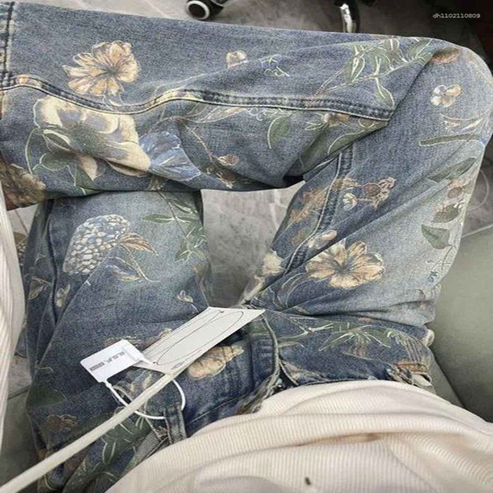 Y2K Men's American Hip - hop Jeans for Couples - Retro Floral Print Loose Trendy Casual Pants for Men and Women