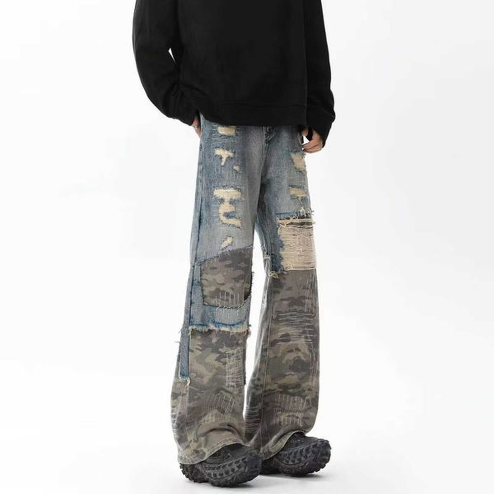 Y2K new American vintage High street camo patchwork jeans men's straight leg micro-ripped cleanfit pants
