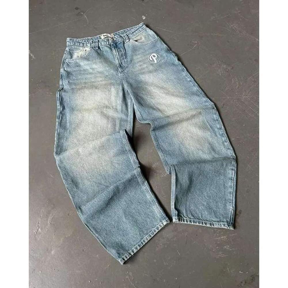 Y2K PROTECT Streetwear mens Pants Haruku Hip Hop Letter Embroidery Vintage Blue Baggy Jeans High Waist Wide Leg Trouser