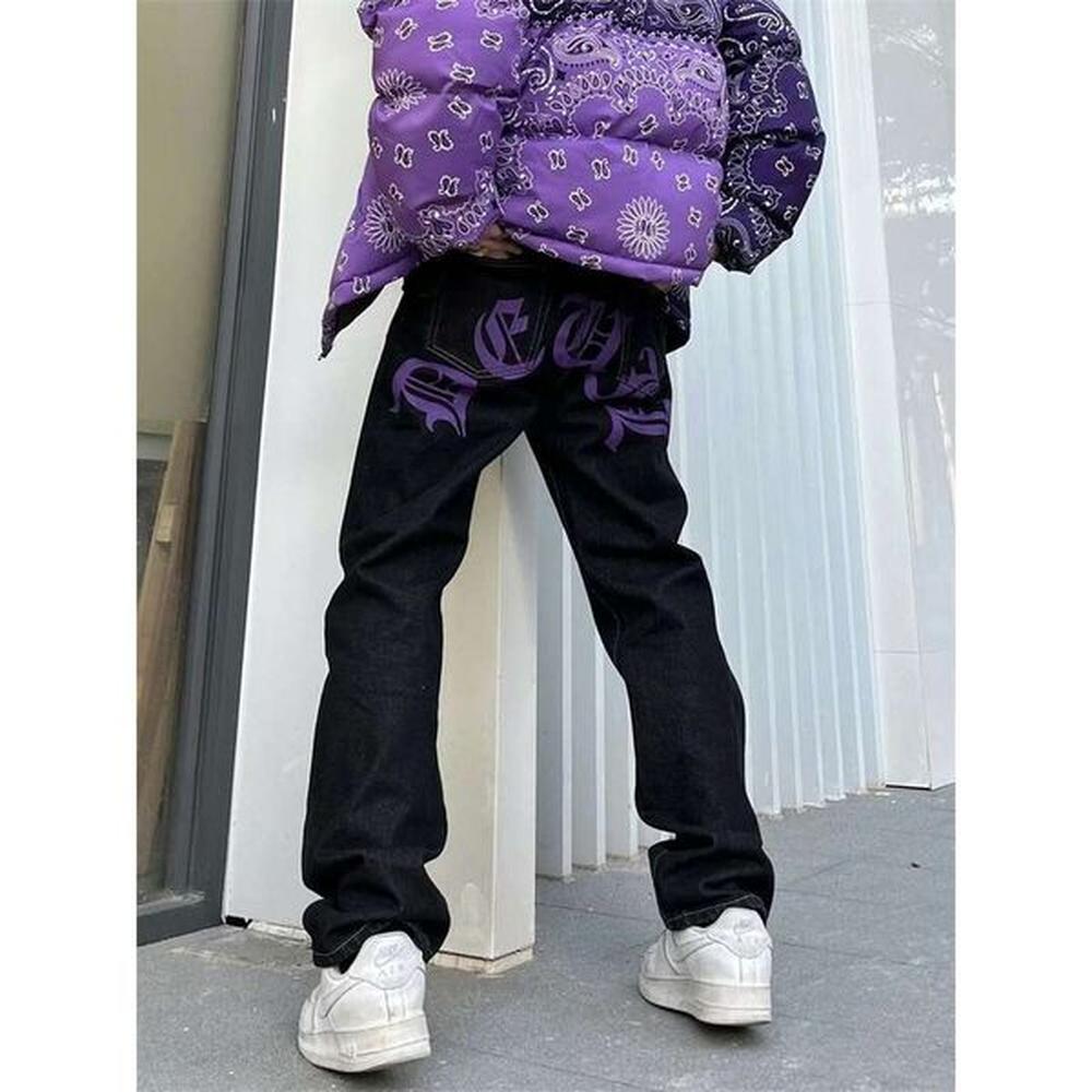 Y2k Retro Sanskrit Black Jeans Street Casual Punk Male Hip-Hop Print Loose Haruku Men's Straight Pants Ins Hot Sale