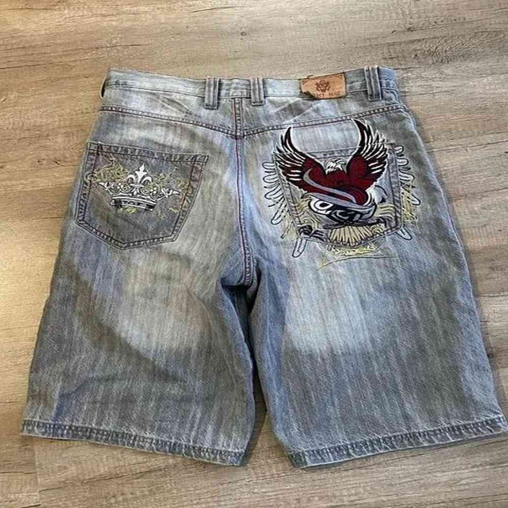 Y2K Skeleton Beautiful Fashion Embroidered Pocket Denim Shorts Summer Street Fashion Gothic Retro Shorts 250103