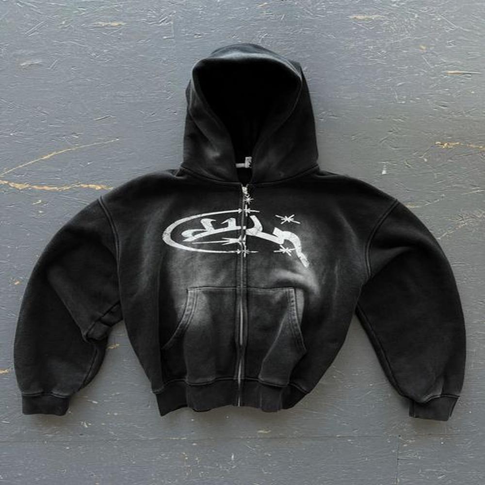Y2k Vintage Fashion Print Zip Up Hoodies Harajuku Hip Hop Long Sleeve Coats Loose Hooded Sweatshirt Men and Women Streetwear 241030