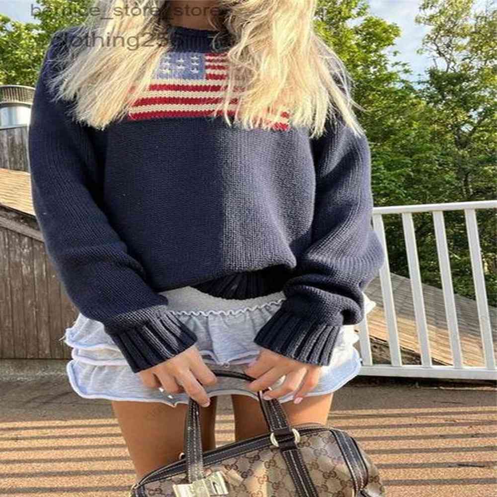 Y2K Womens Winter Vintage Knitted American Flag Sweater Ladies Aesthetics Oversized Pullover