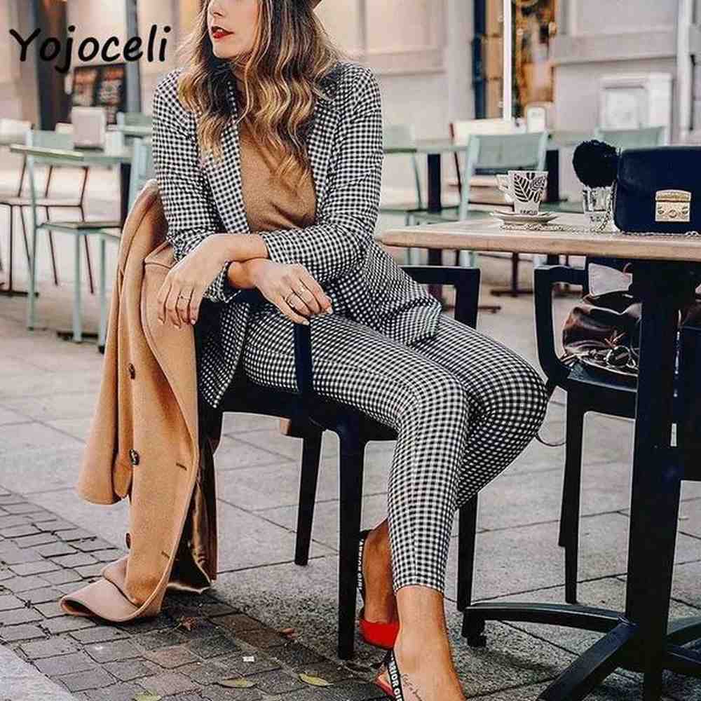 yojoceli casual black white plaid blazers jackets top streetwear coats