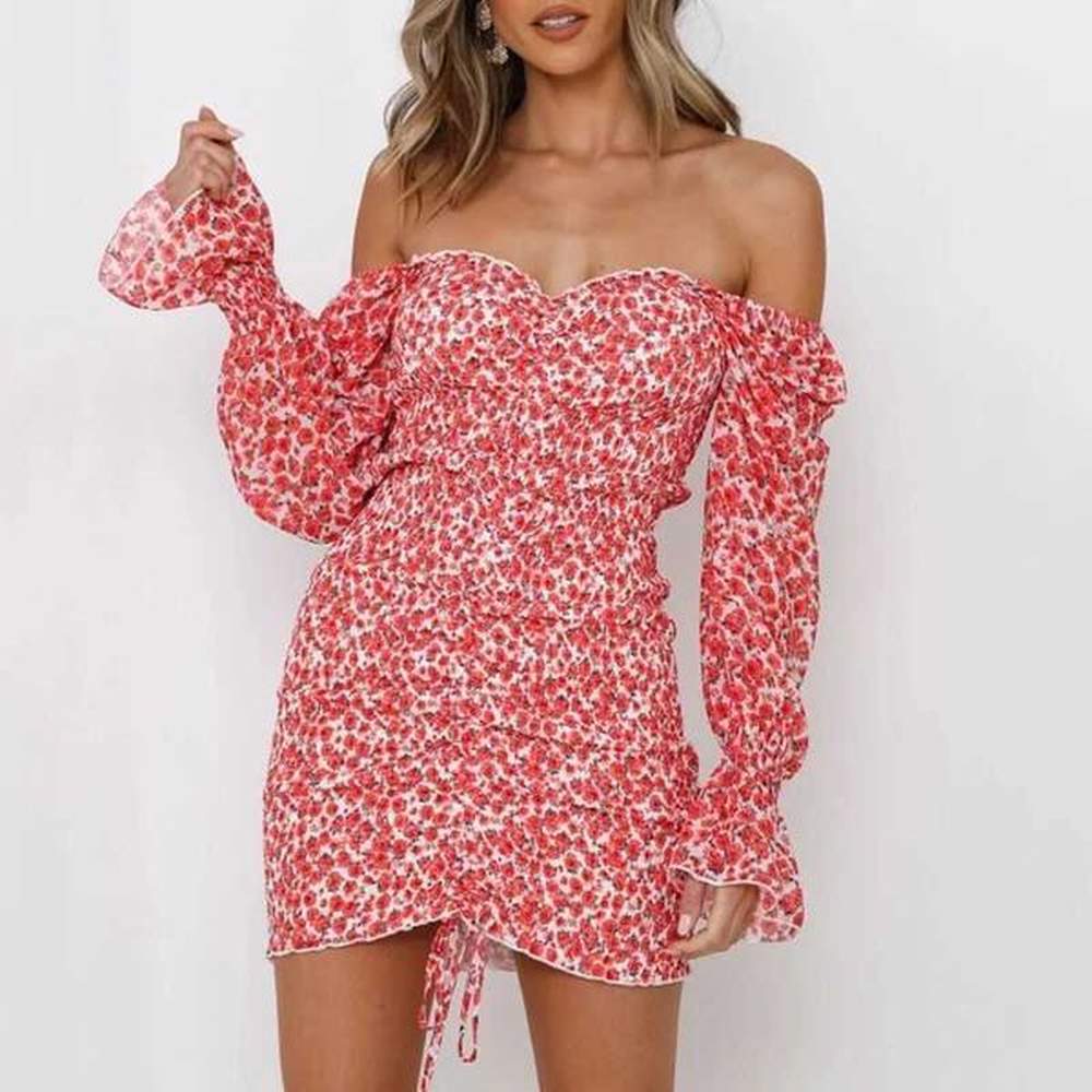 yojoceli square neck floral print dres long sleeve bodycon mini