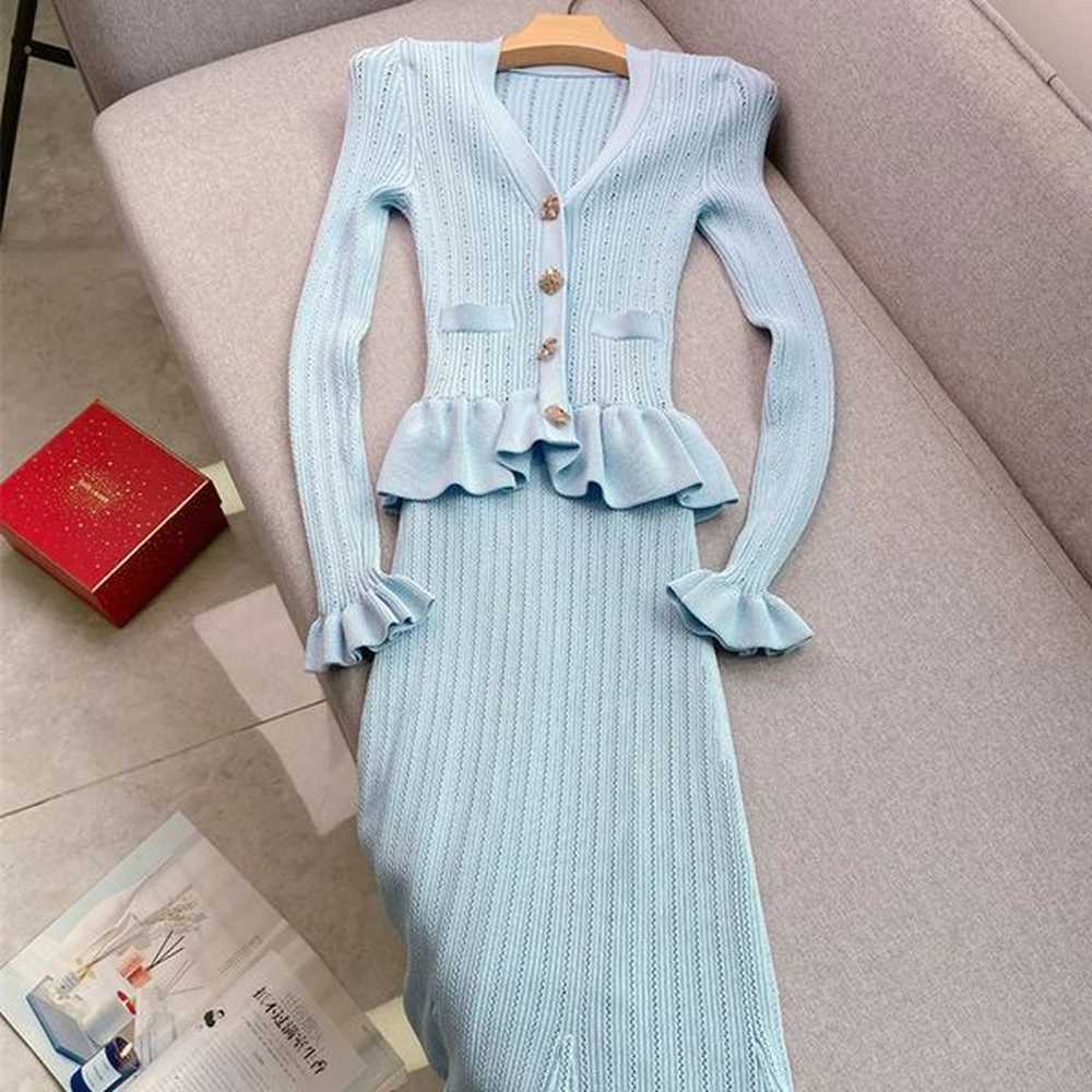 yuoomuoo fashion onepiece knitted maxi dress women elegant vneck ruffled