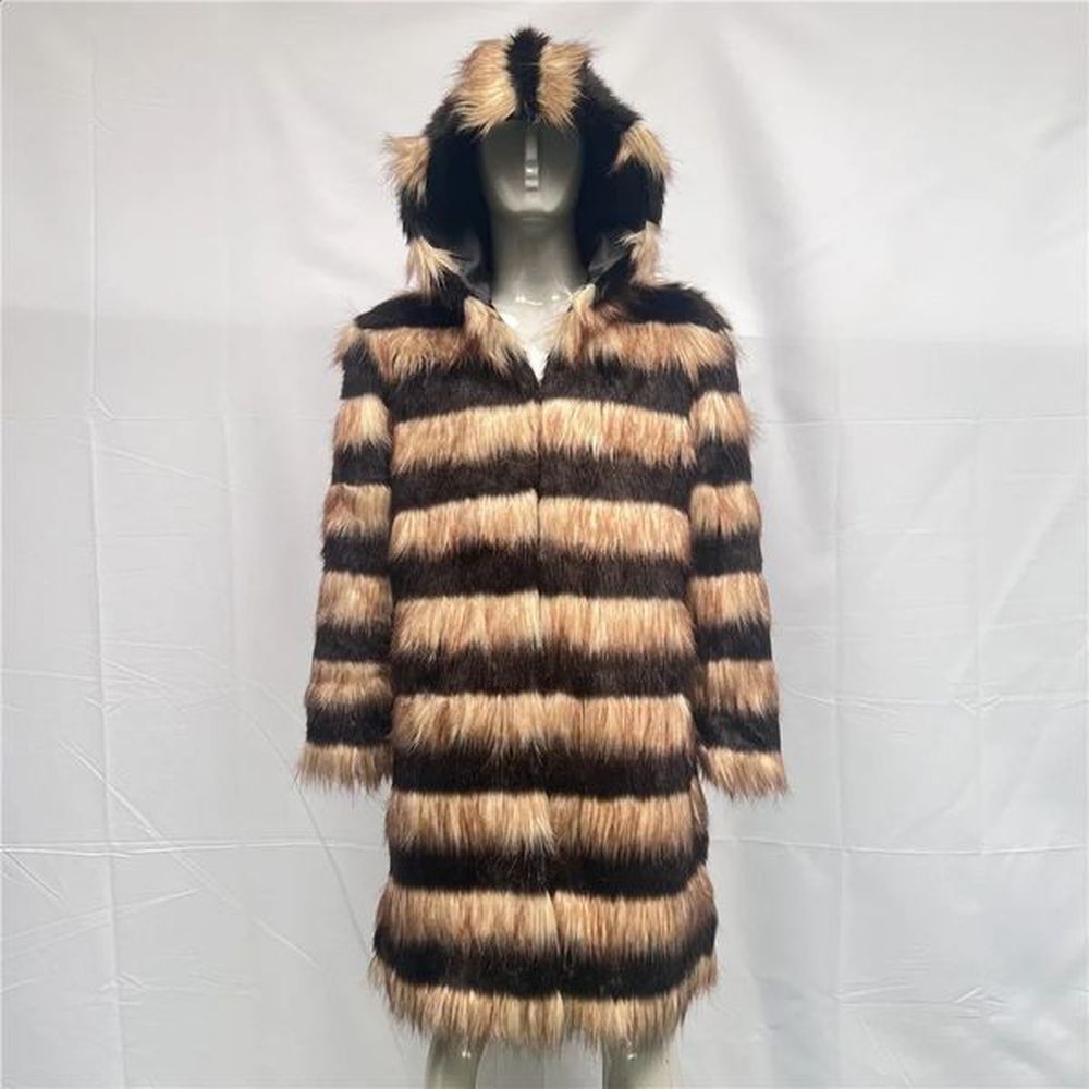 Zadorin Autumn mens winter faux fur coat hooded fashionable leopard plaid pattern long windproof fluffy faux fur jacket mens jacket 241116