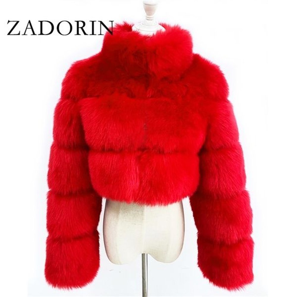 zadorin fashion cropped faux coat warm stand collar slim fluffy