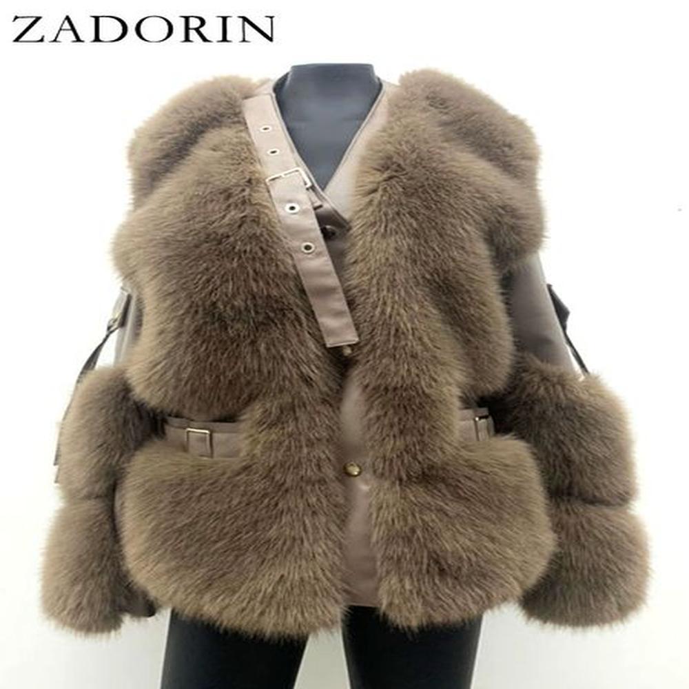 zadorin winter women motocycle v neck faux fox coat pu