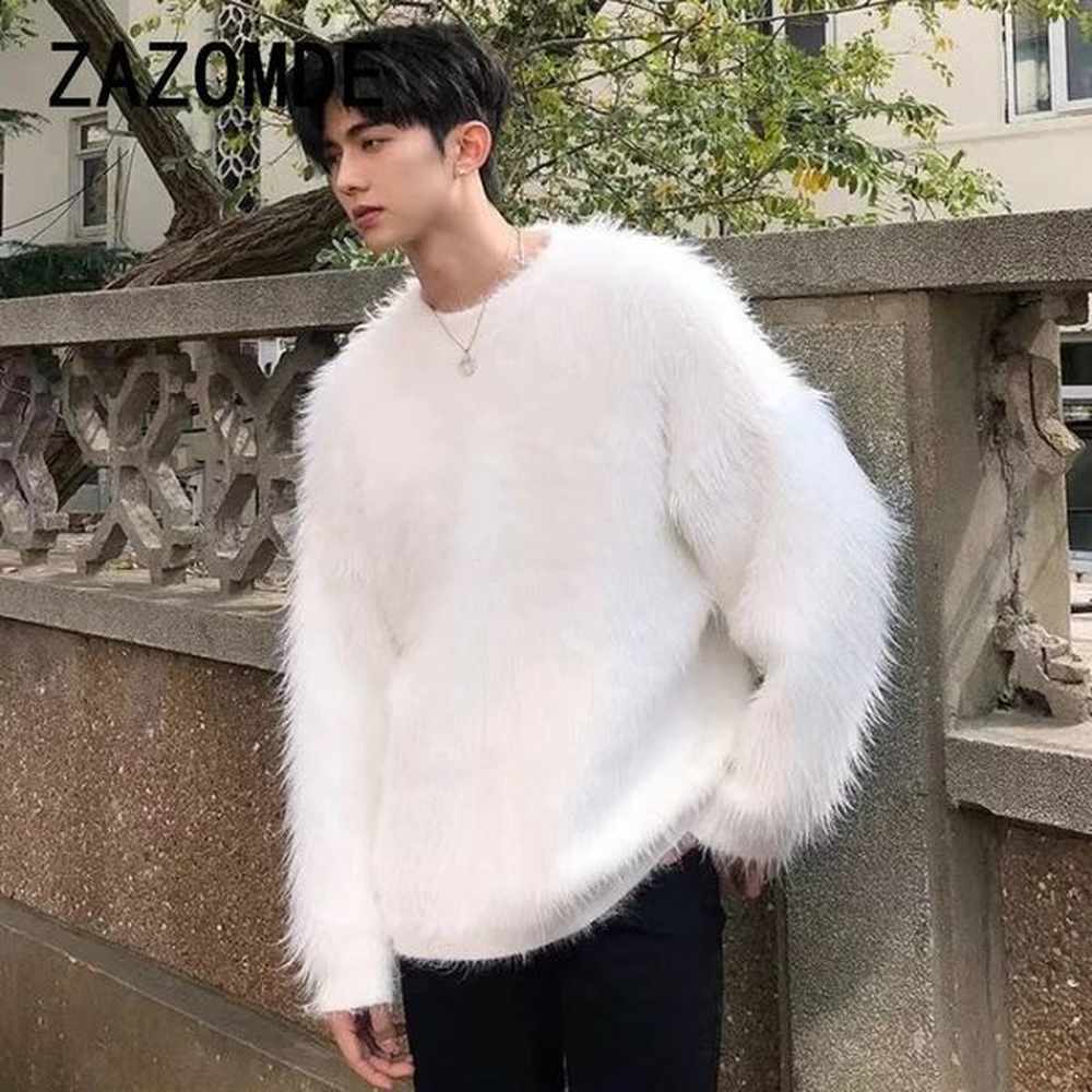 ZAZOMDE 2024 mens autumn and winter item oversized solid color knitted jumper Oneck sweater top long sleeved warm pull 241211