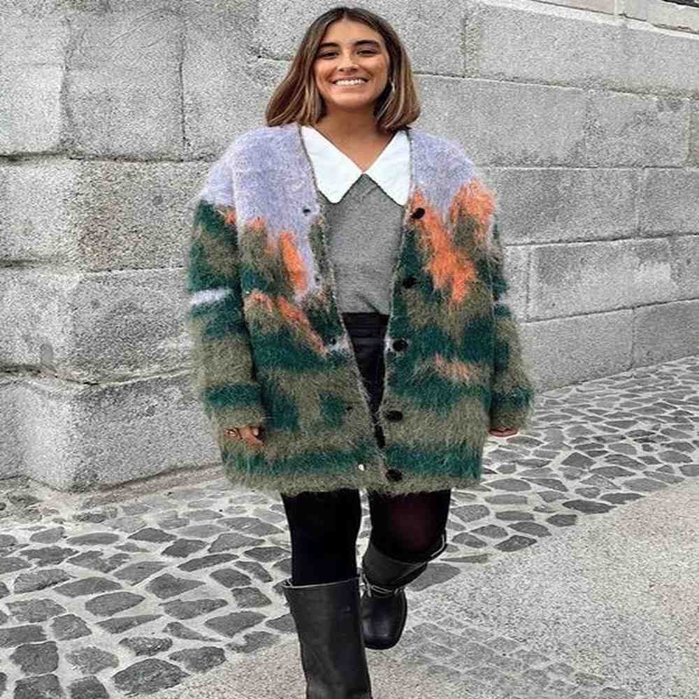zbza knitted printed cardigan loose colorful vneck vintage landscape pattern