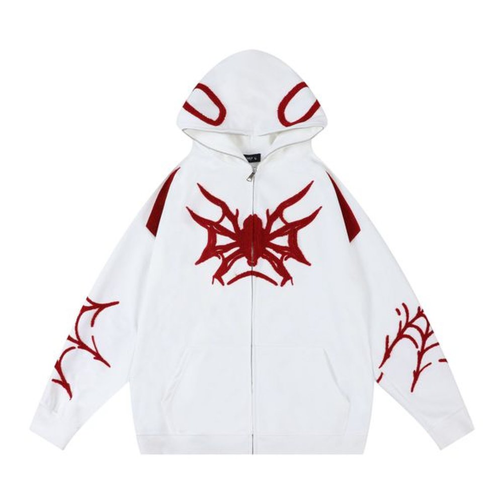 Zipper Hoodie Coat Y2K Harajuku Embroidery Spider Web Full Zip Up Hooded Sweatshirt Jacket Fashion Punk Streetwear