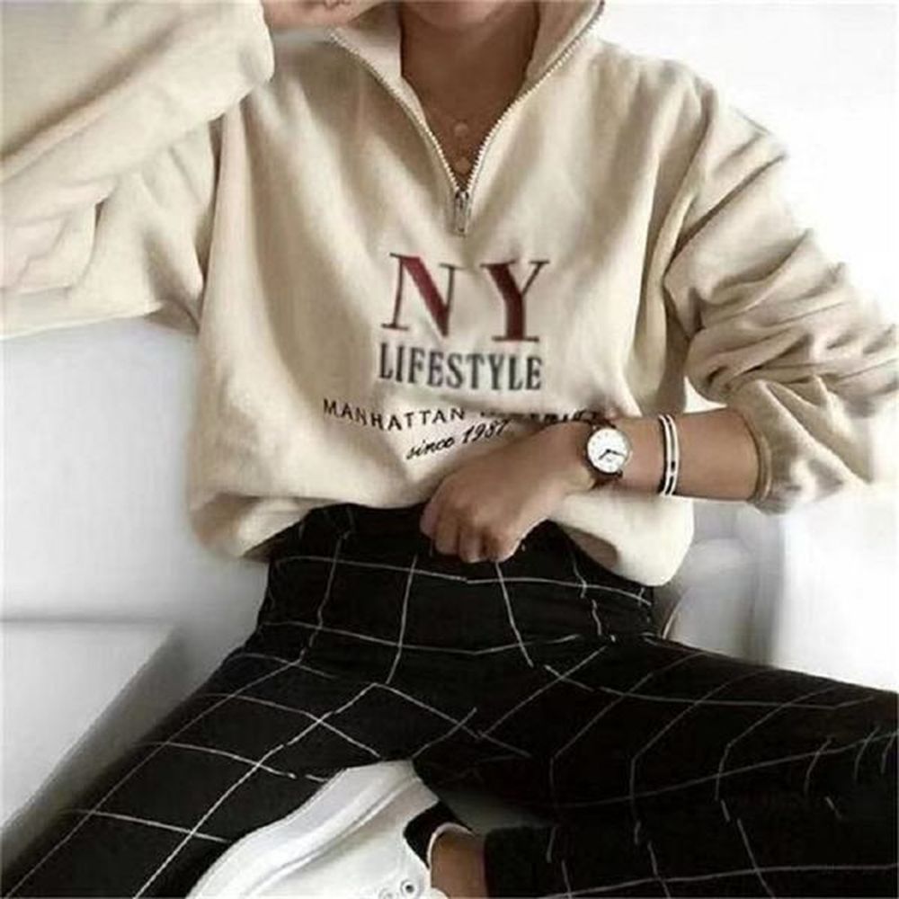 zipper turtleneck letter print usa vintage sweatshirts loose fashion women